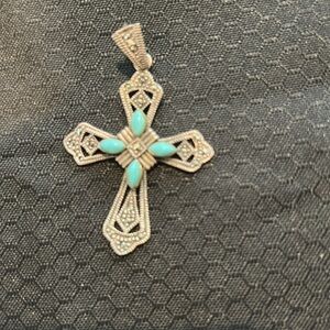 925 Silver and Turquoise Cross Pendant 2”